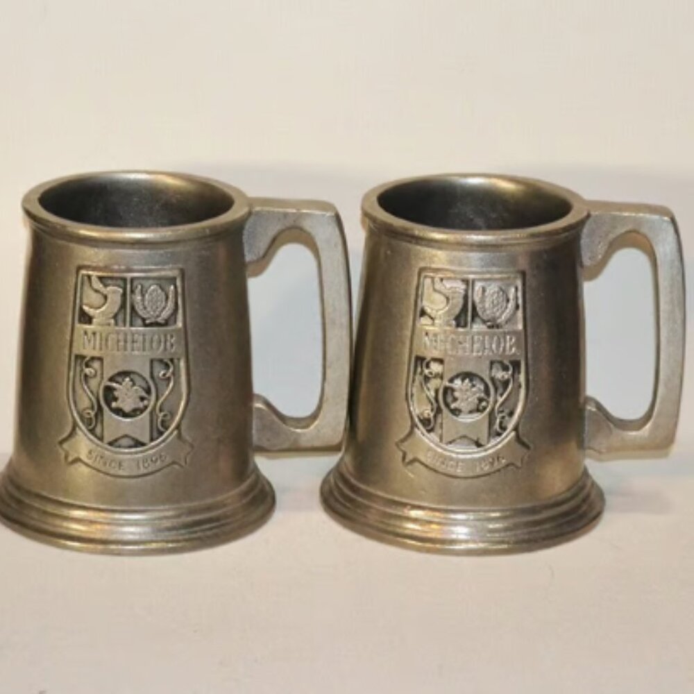 Pair Of RWP Pewter Mugs Michelob Beer Engraved Bar Display Beer Collectors